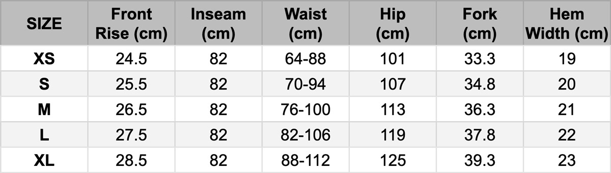 Gramicci Pant Size Guide